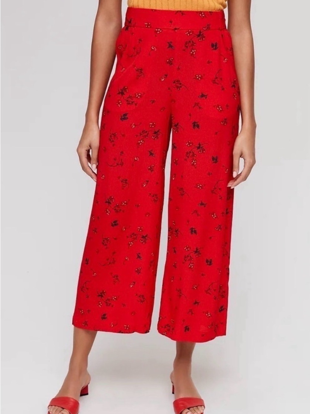 Aritizia Wilfred Flame Scarlet Red Floral Wide Leg Cropped Faun Pants